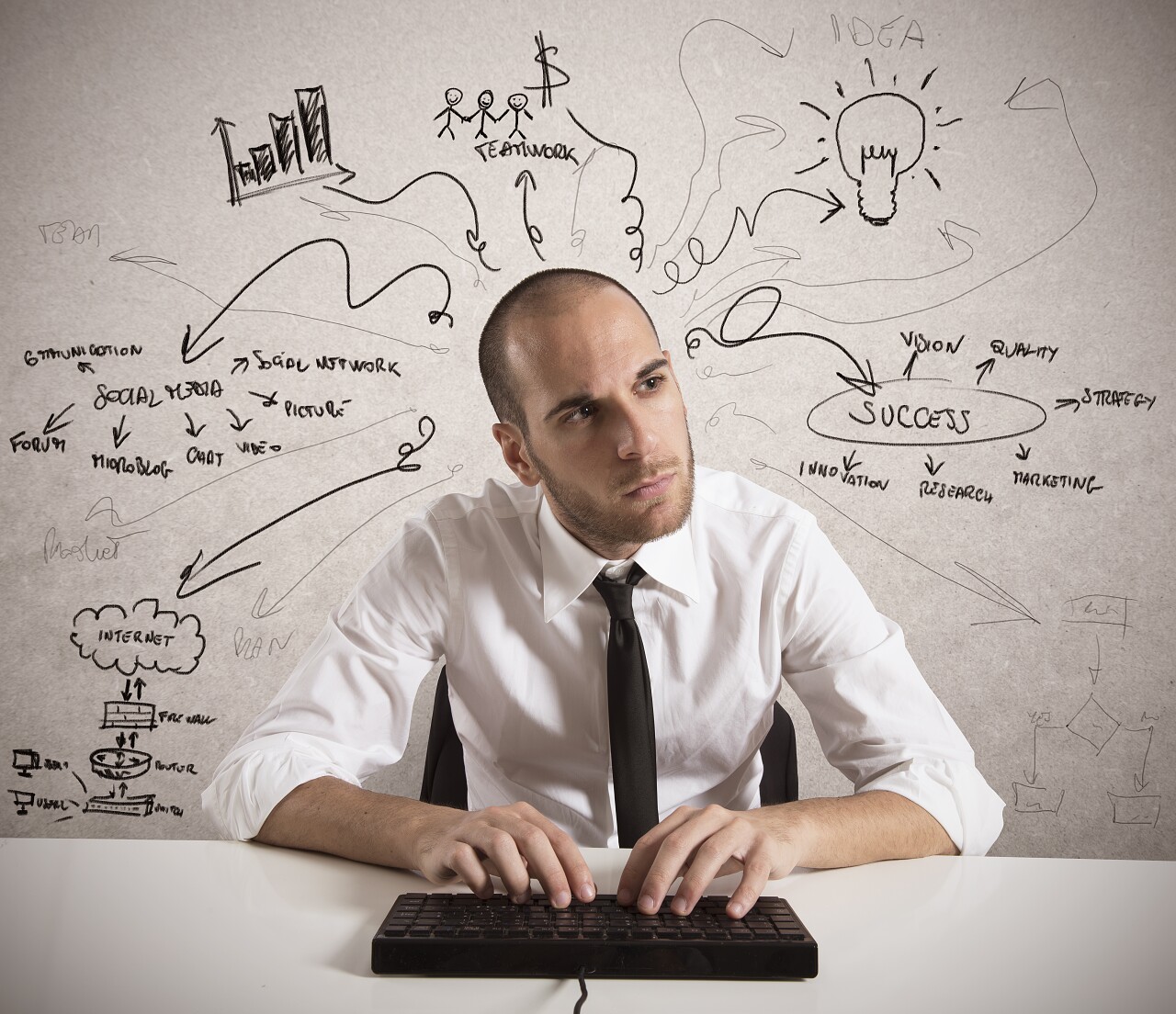 商务人士员工敲键盘思考思维焦虑糊涂