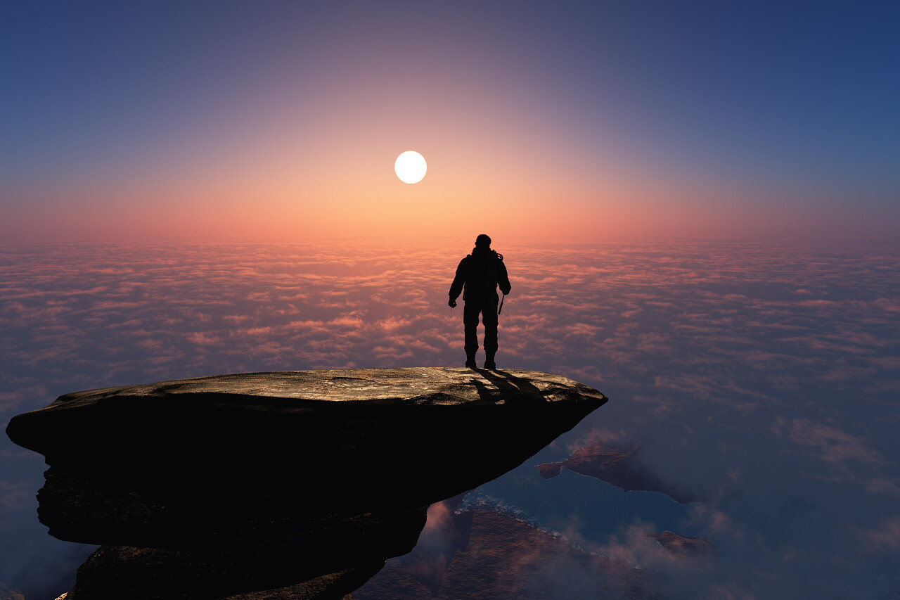 悬崖顶峰登山登顶日出云海努力努力坚持不懈挑战极限突破自我克服困难