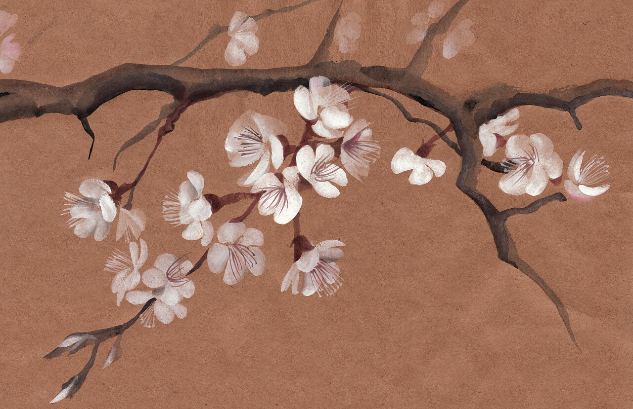 水彩绘画的一棵树在开花亚洲风格绘画