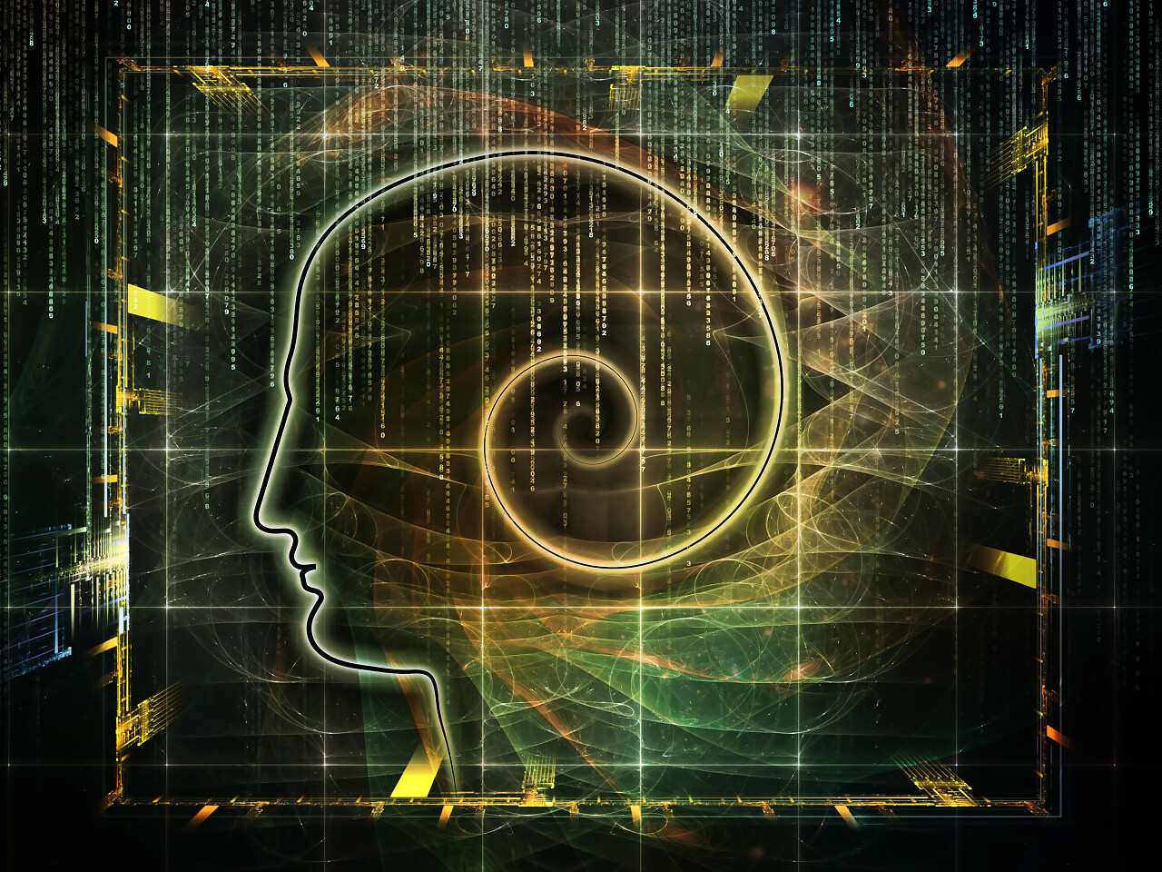 抽象设计而成的人体头部技术和人工智能技术计算机科学和未来技术的主体中的分形元素的概述