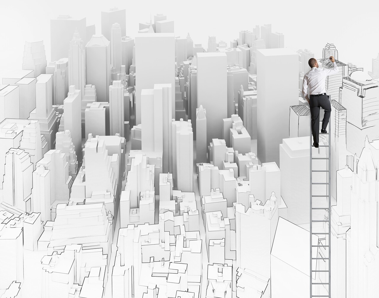 城市和办公室的一位建筑师剪影