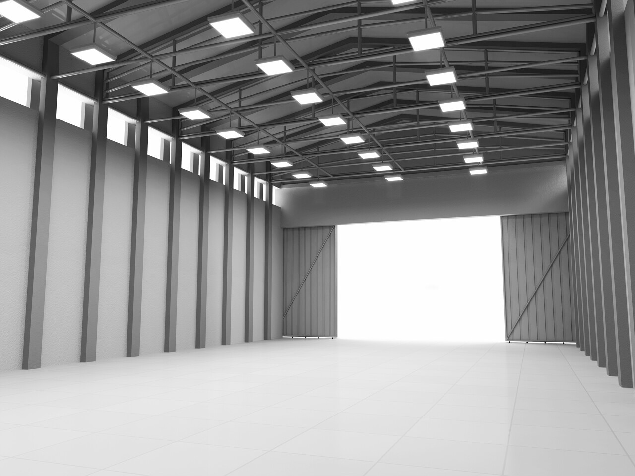 现代开着的门的仓库3D插图