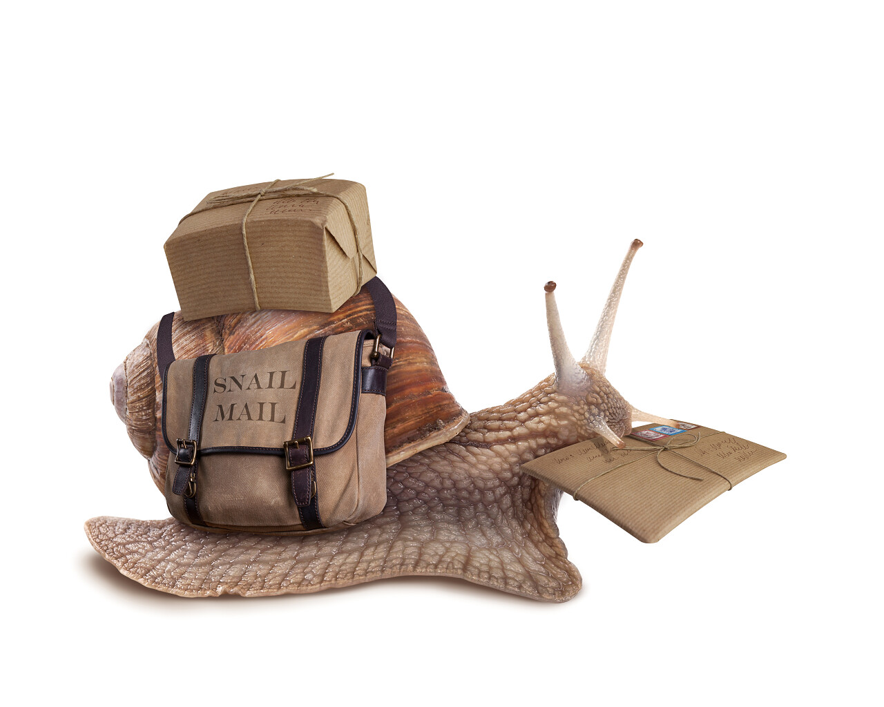 蜗牛叼着邮件在白色背景上