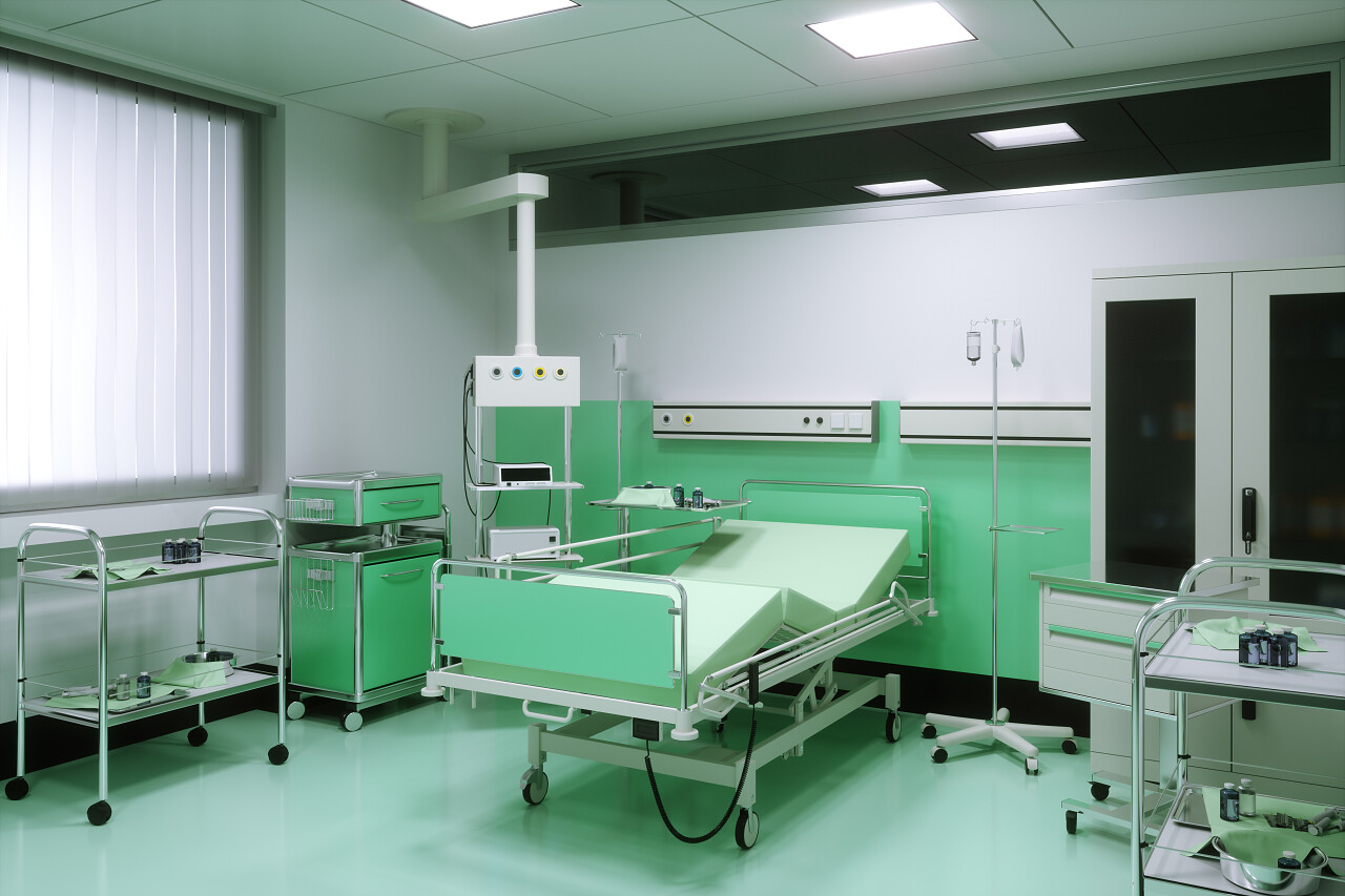 在医院会议室或外科中心恢复室中的空床