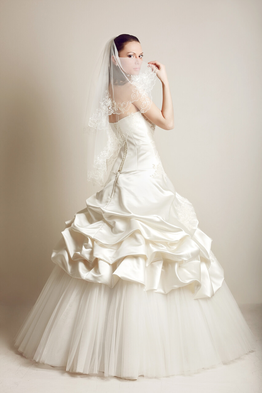 美丽的新娘穿婚纱的白色和象牙色的肖像