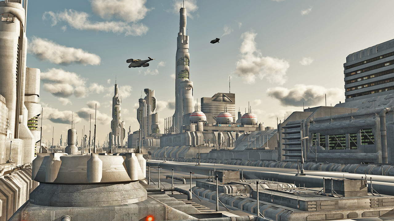 未来派科幻城市街景3D数字呈现的图