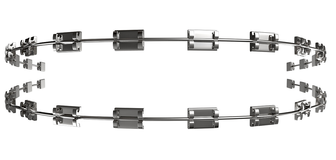 一组用于正畸牙齿矫直孤立在白色背景上的组装金属大括号牙齿矫正修复