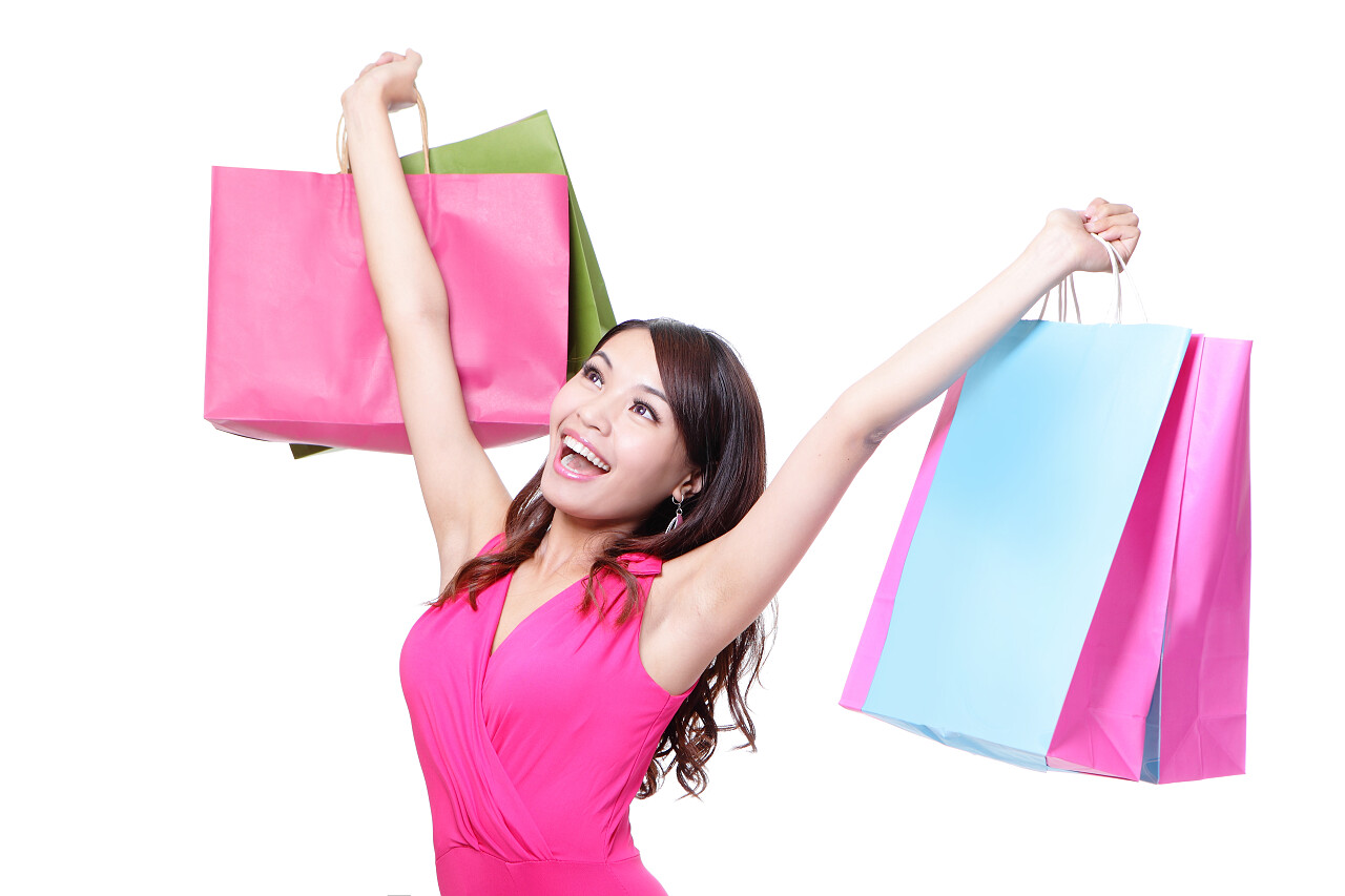 618快乐购物的年轻女人看起来要复制空间袋孤立在白色背景下亚洲模式美女三七女生节37女生节