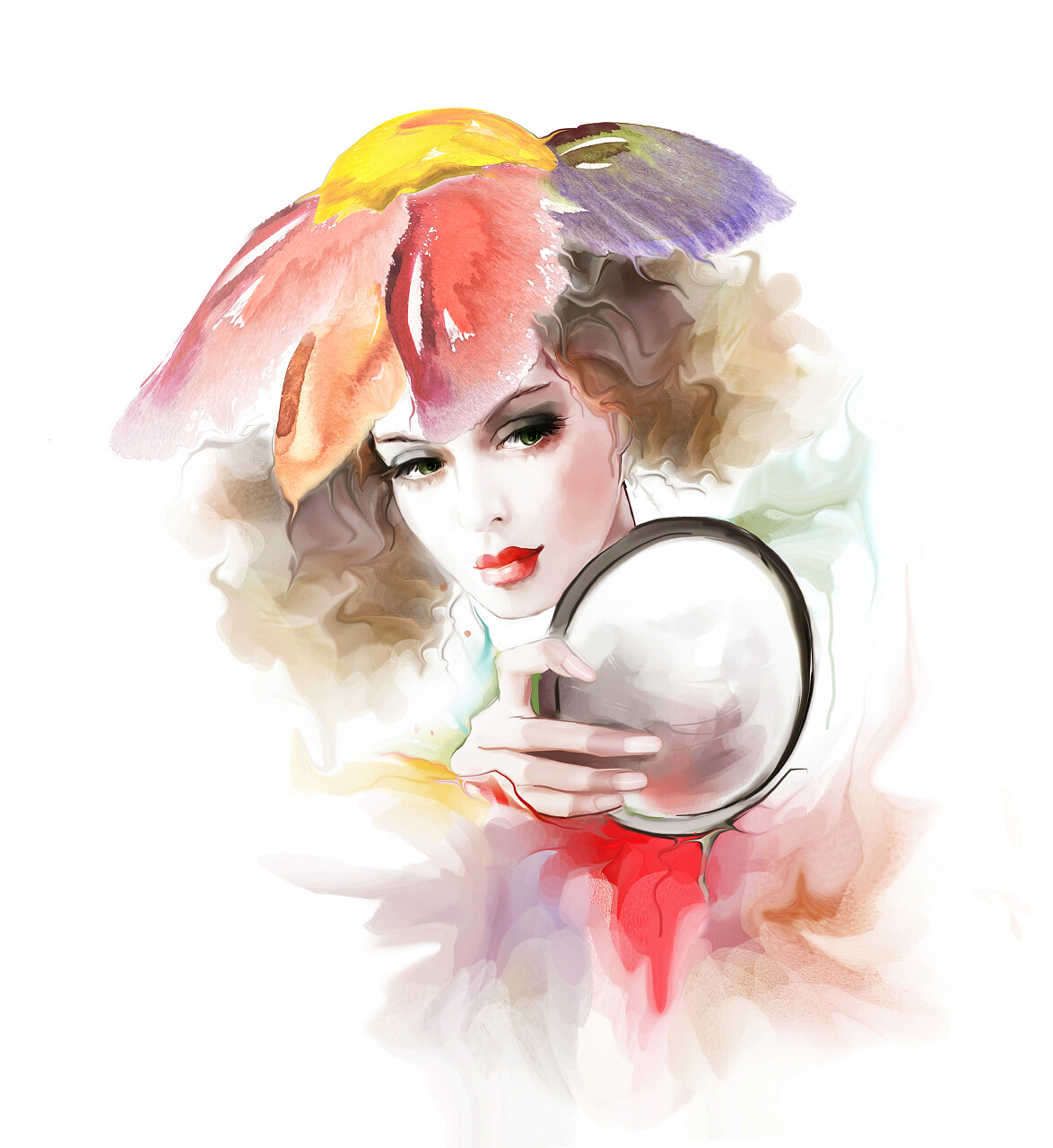 用镜子的优雅美丽女人的画像