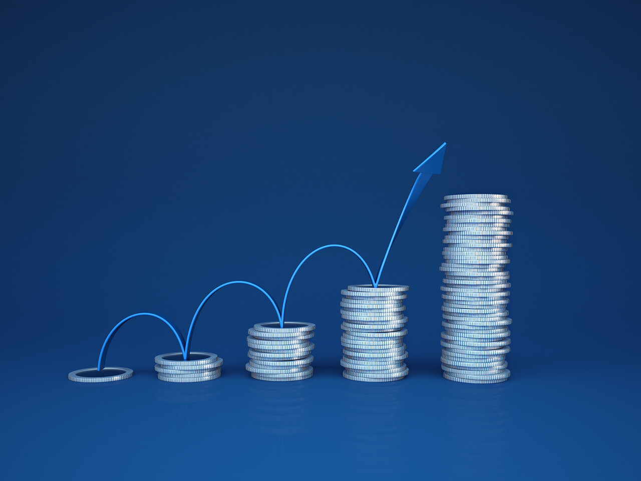 与箭头和硬币作为图表程式化利润增长收入提升指标提升提升箭头提升价格物价上涨