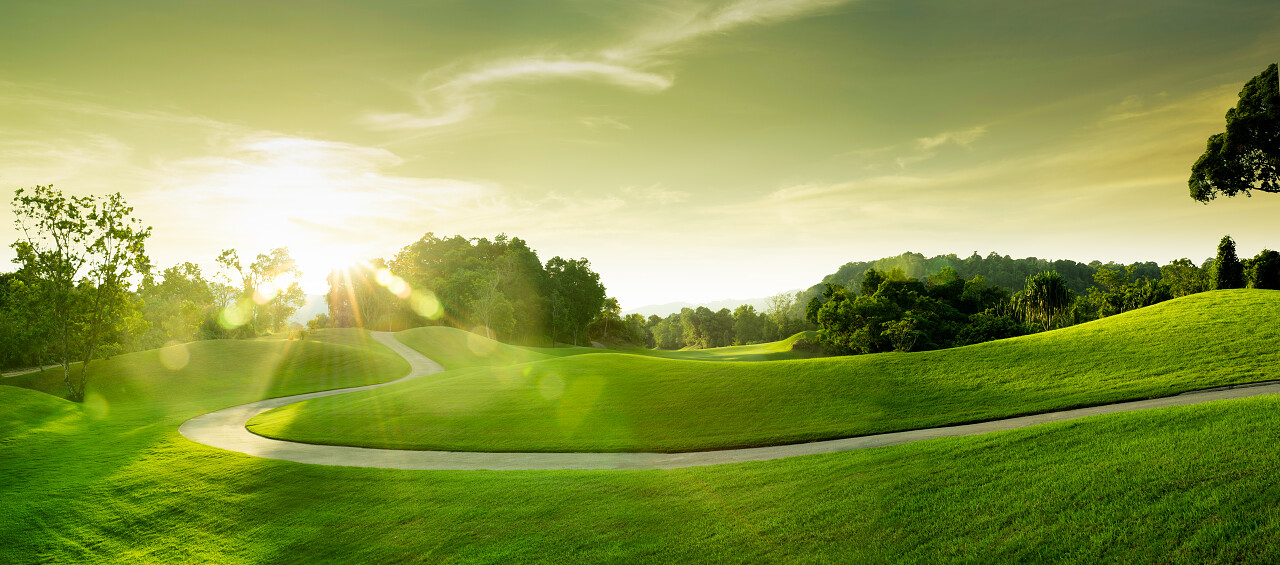 蓝蓝的天空背景上的漂亮的绿山观