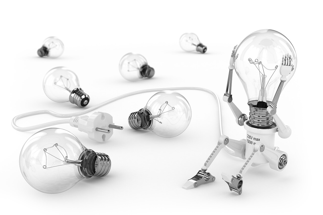 白色背景一堆灯泡里一个带着插头的灯泡机器人抱着头思考