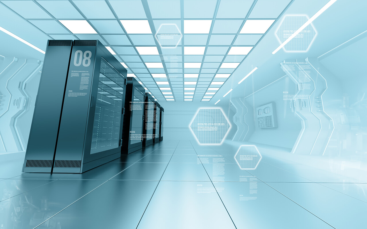 互联网提供商服务器机房的未来派内部的数据中心