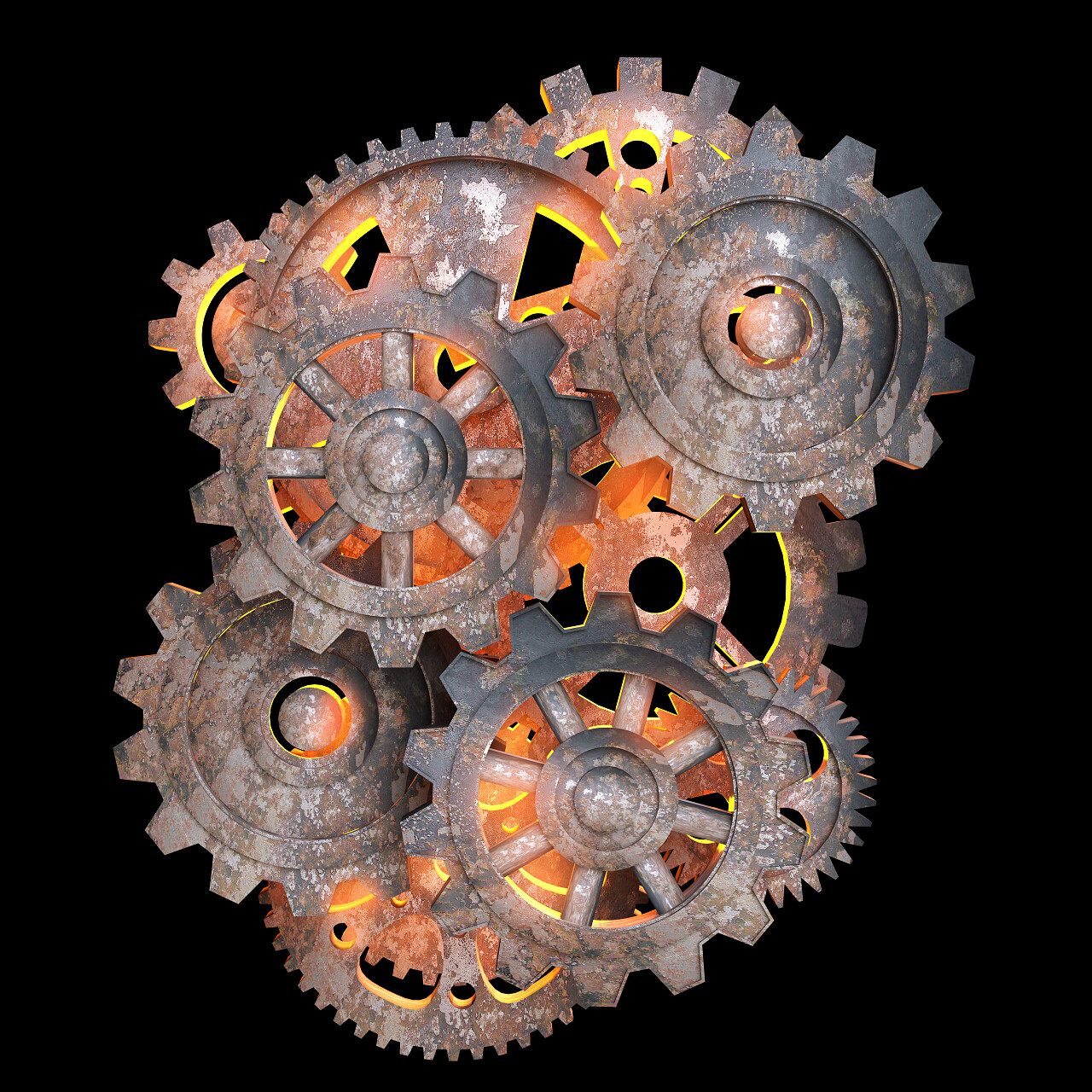 机械齿轮的生锈的金属背红光