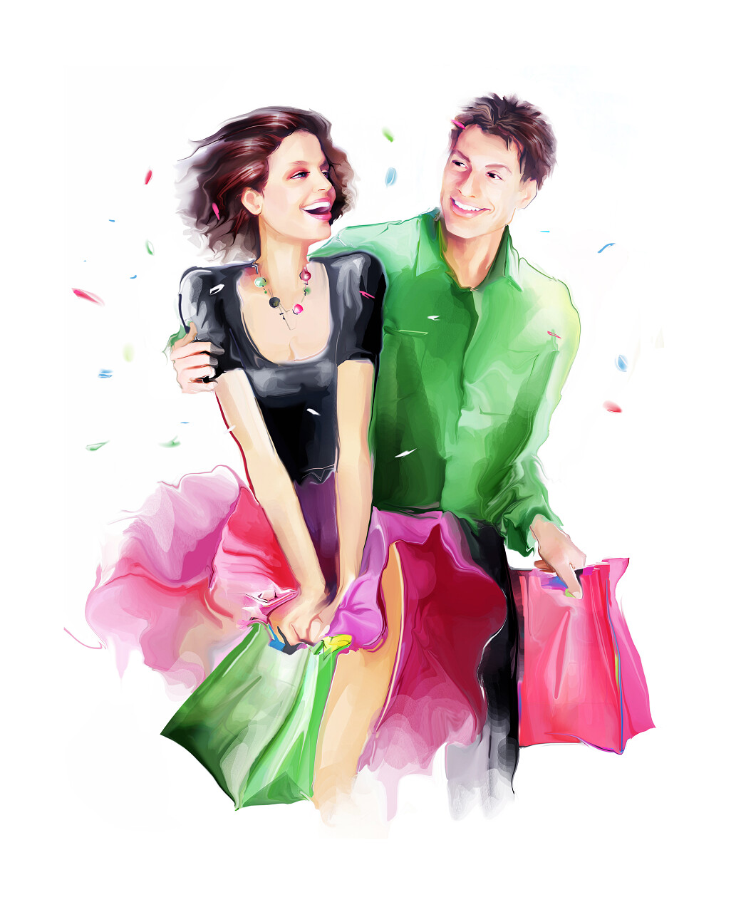 快乐对年轻夫妇油彩画美女三七女生节37女生节