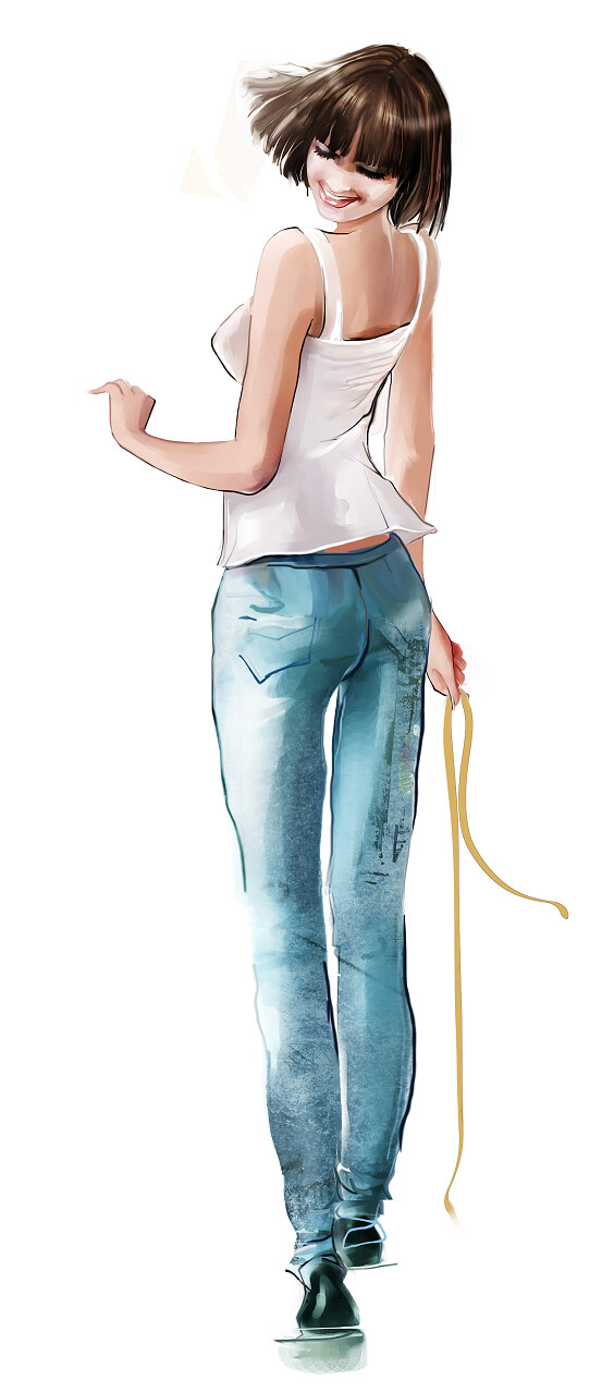 身穿白衬衫和牛仔裤的时尚女孩油彩画