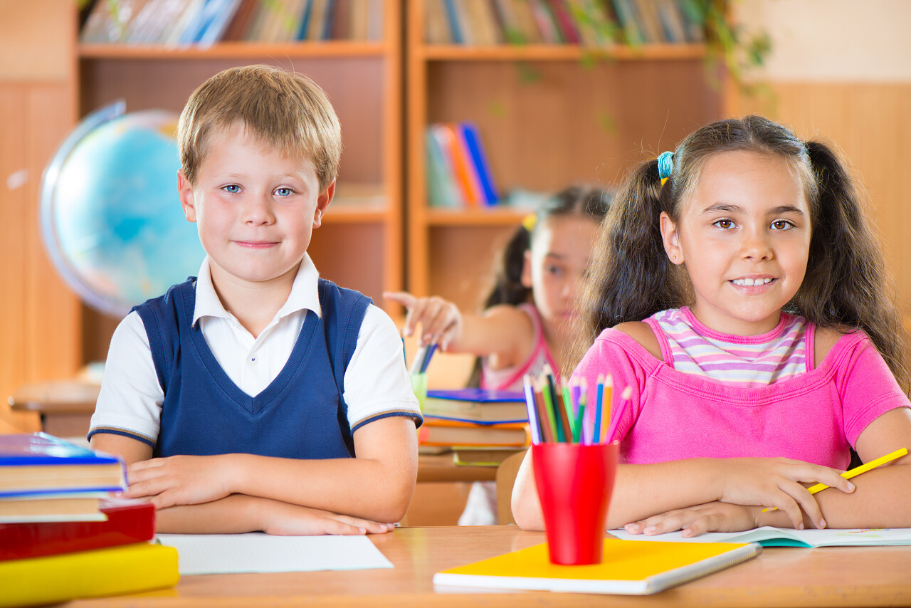 快乐的小学生们在学校的教室里