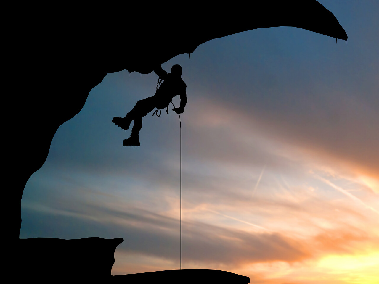 登山挂在一根绳子上的天空背景上.努力坚持不懈克服困难