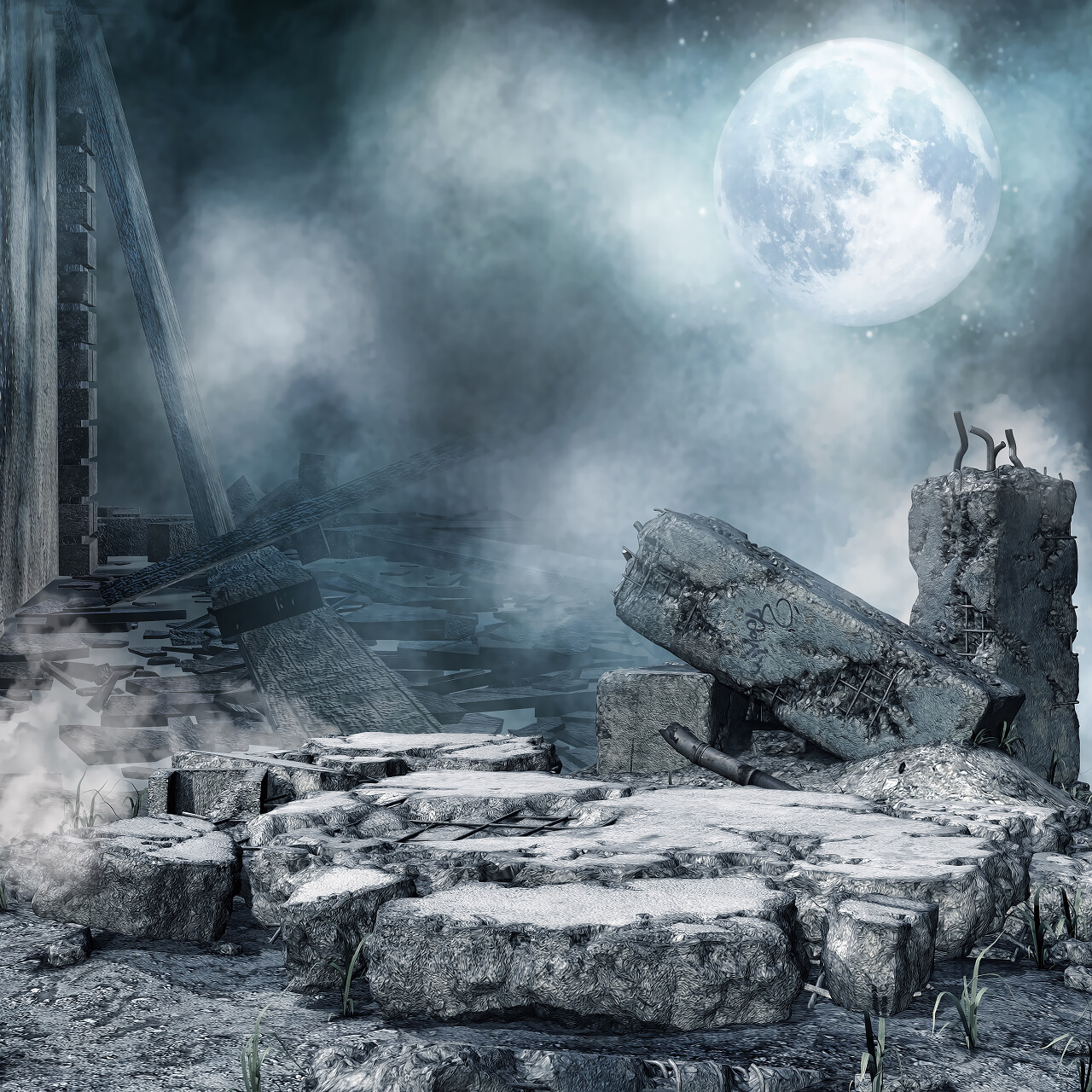 城市废墟与瓦砾的夜景