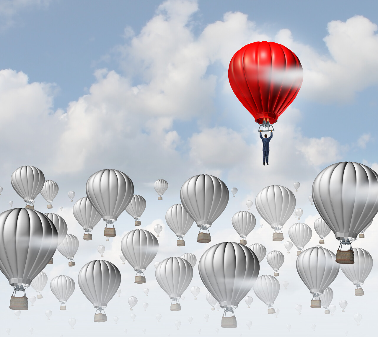 灰色和红色的热气球在空中飞翔竞争