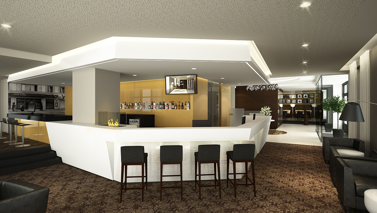 现代酒店接待处和大堂酒吧的呈现