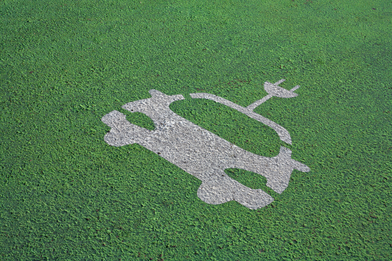 绿色空间保留为电动汽车停车的道路上环保新能源电池