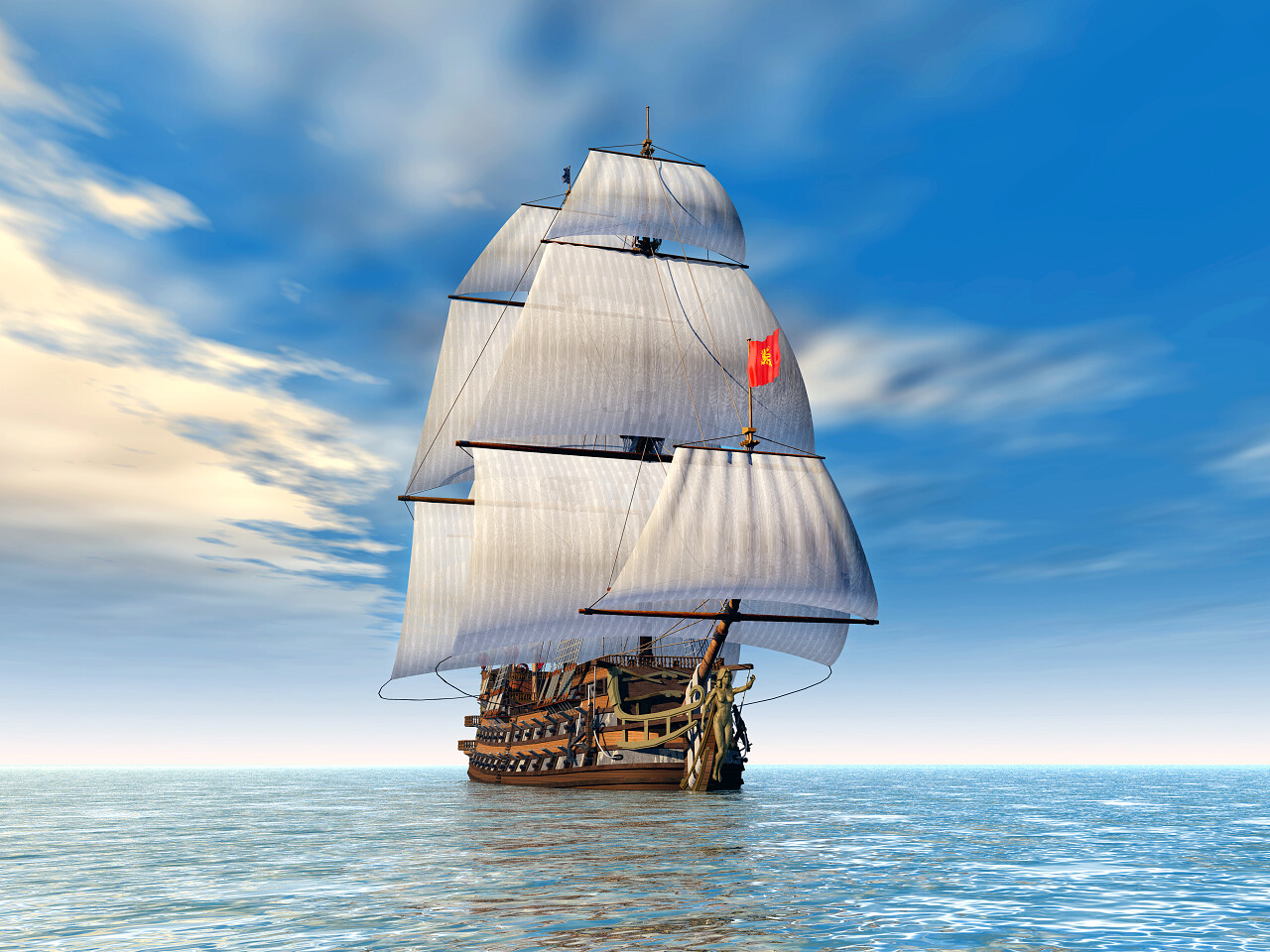 计算机生成的三维图，有一艘法国军舰的 18 世纪坚持美好未来