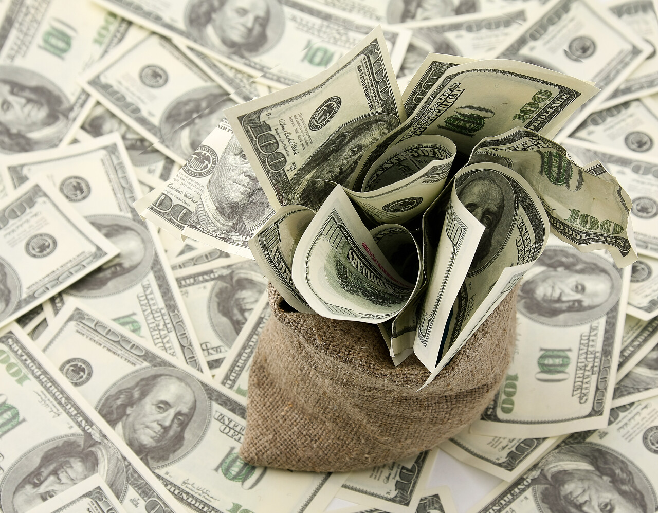 帆布钱袋子用一张百元钞票