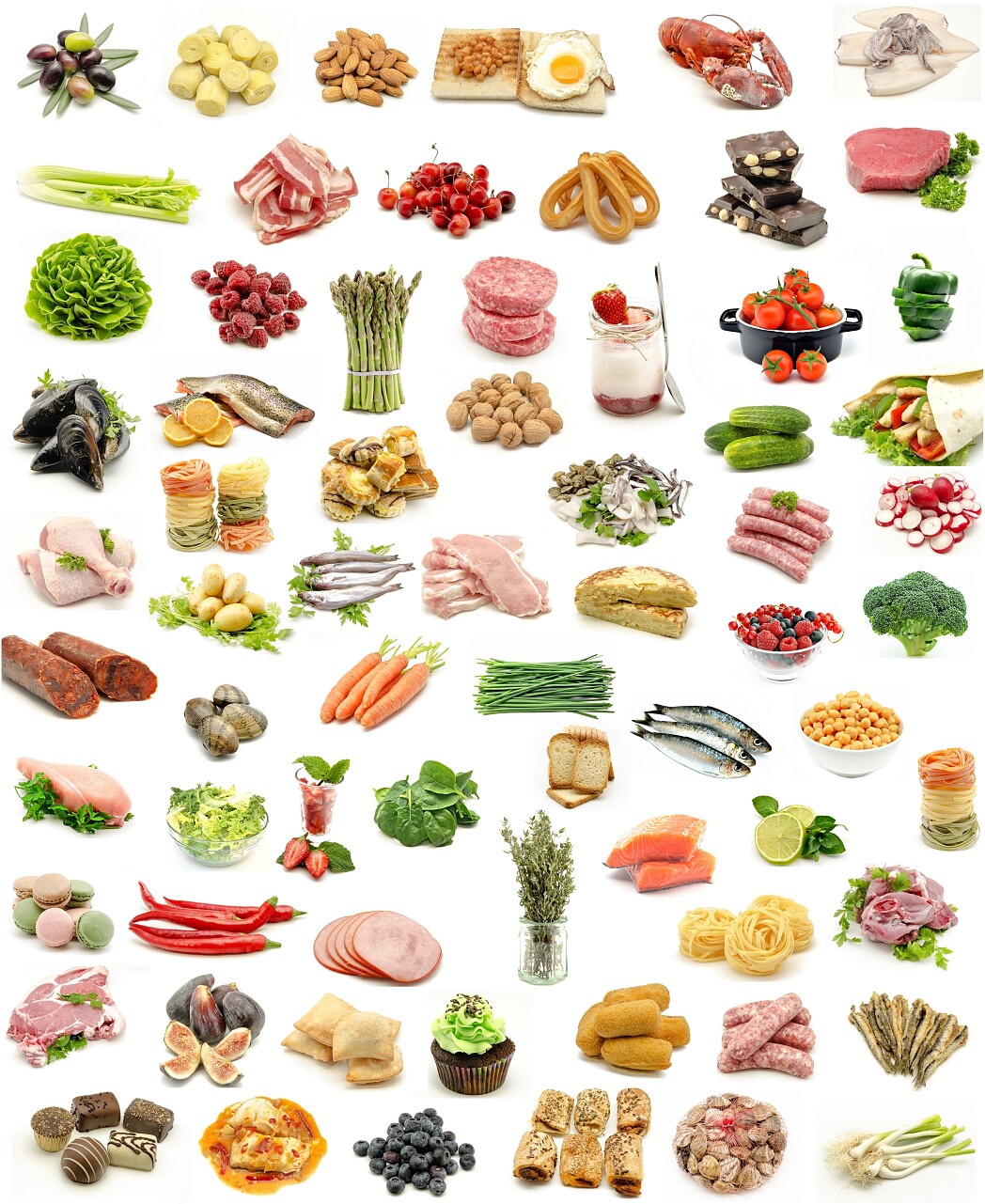 白色背景上的拼贴垂直型食物分类