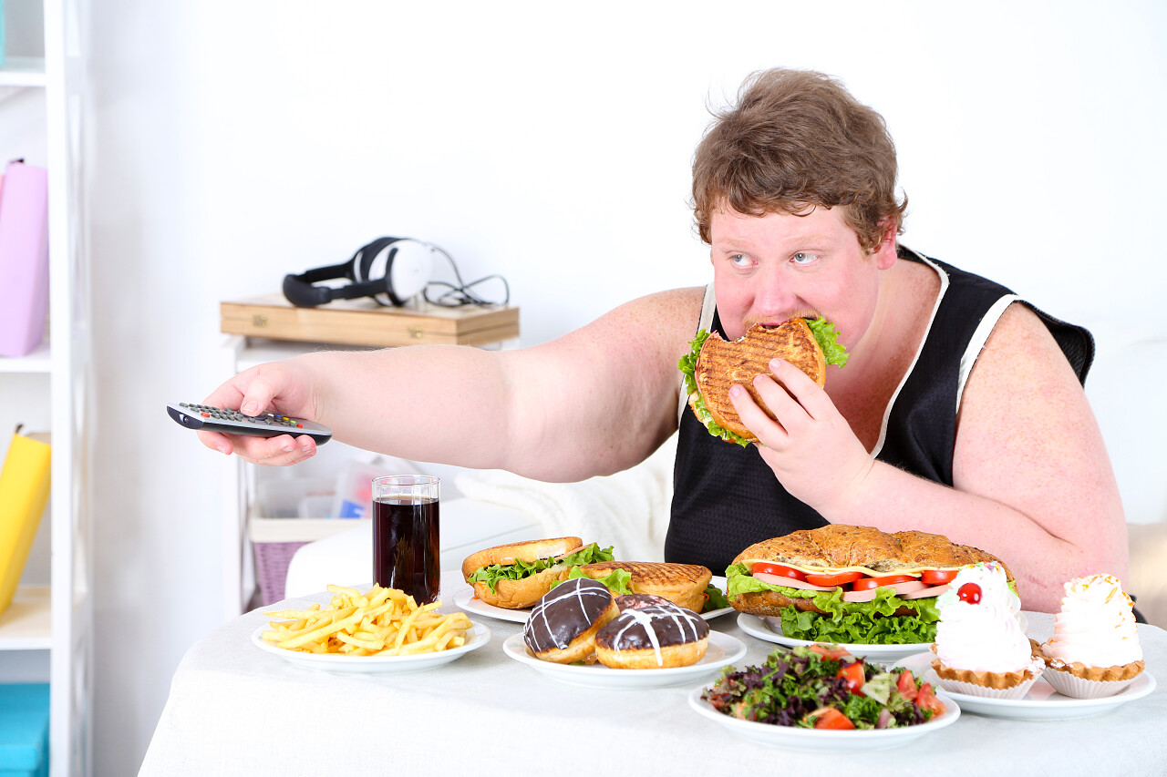 胖男人一顿丰盛的午餐和看电视  家庭室内背景