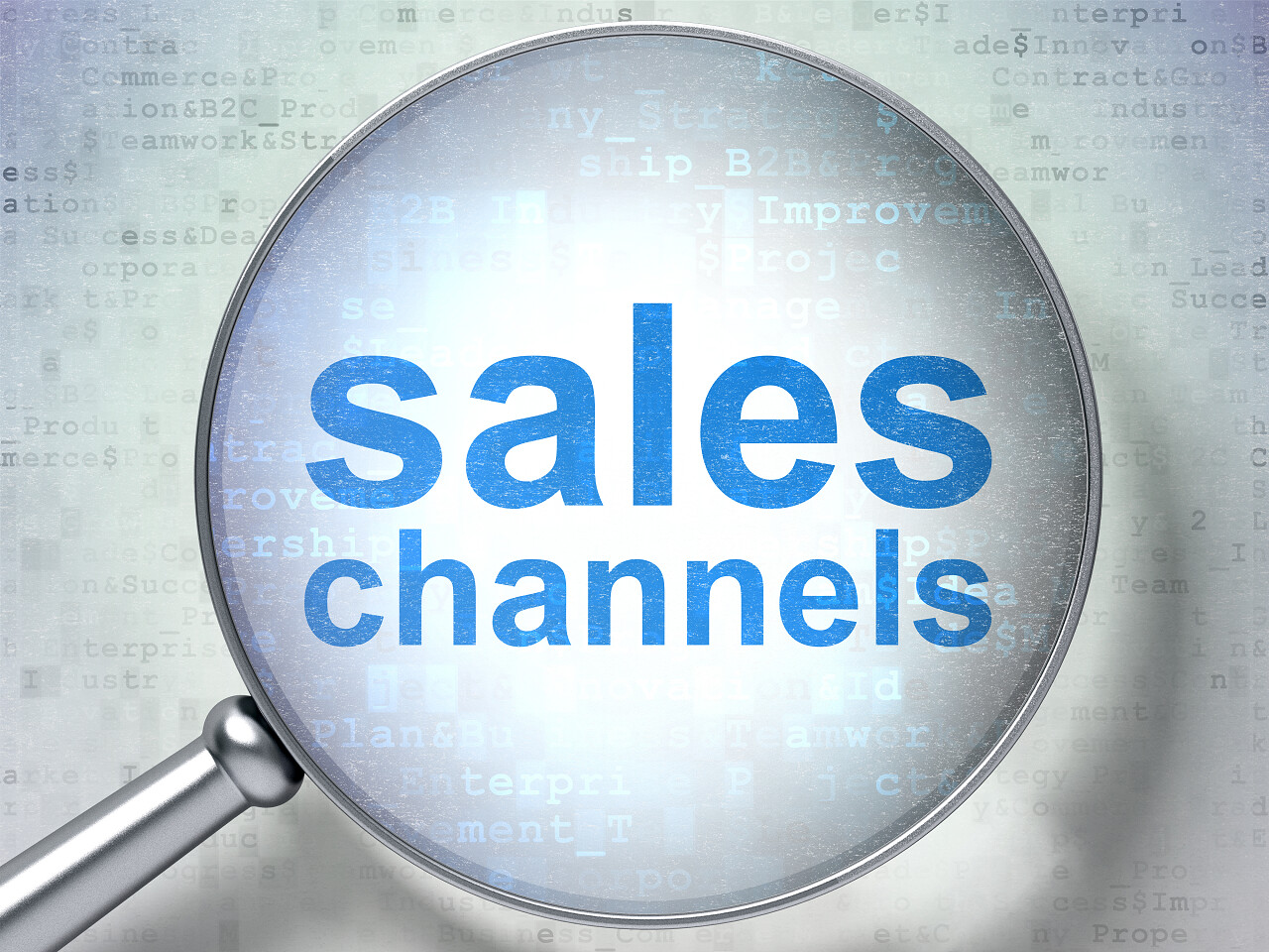 营销理念 光学放大镜用词销售渠道上数字的背景3d渲染