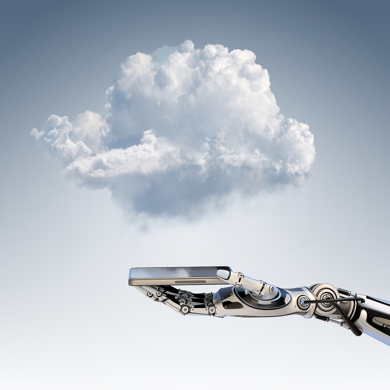 云计算的设计理念机器人手臂抱着智能手机互联网云