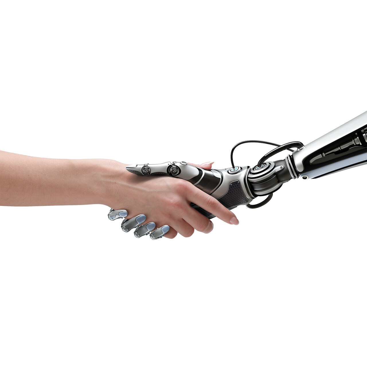 网络通信的设计理念女机器人和人握手握手团结握手团结手势合作平台