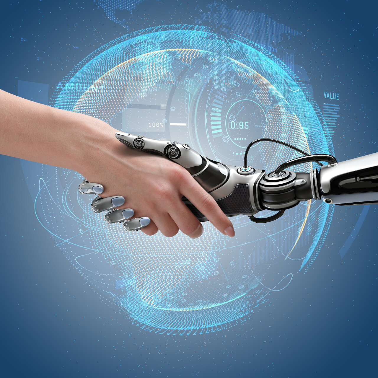 机器人和人握手网络通信设计概念团结握手团结手势美好未来合作平台