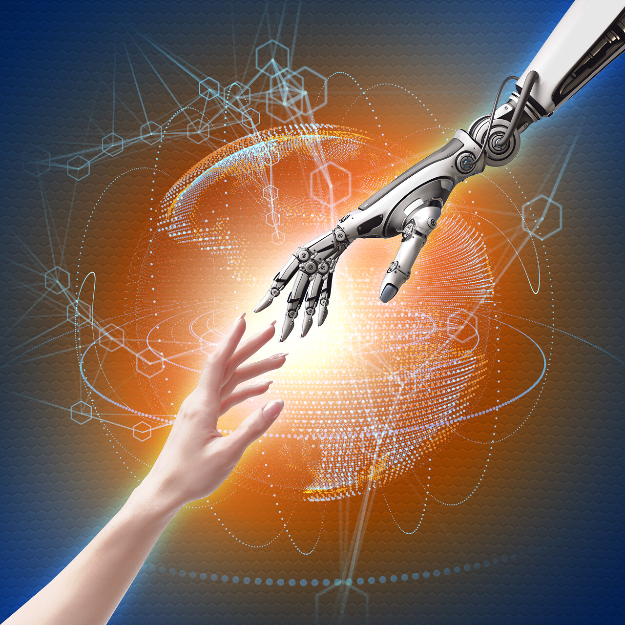 人类女性和机械手作为连接人与人工智能技术的象征美好未来合作平台
