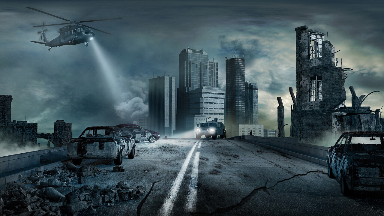 被地震摧毁的城市场景.