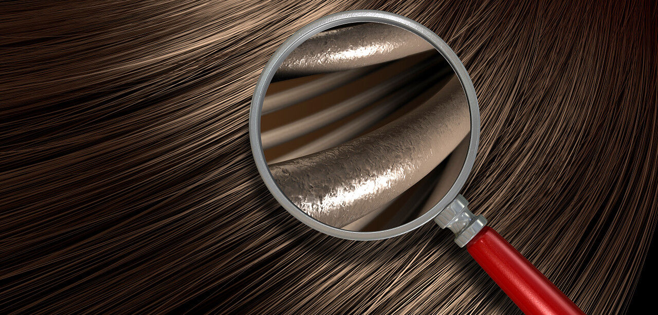 在显微镜下放大以显示个别缕头发的一段波浪曲线风格光泽棕色直发一堆一个特写视图女生头发