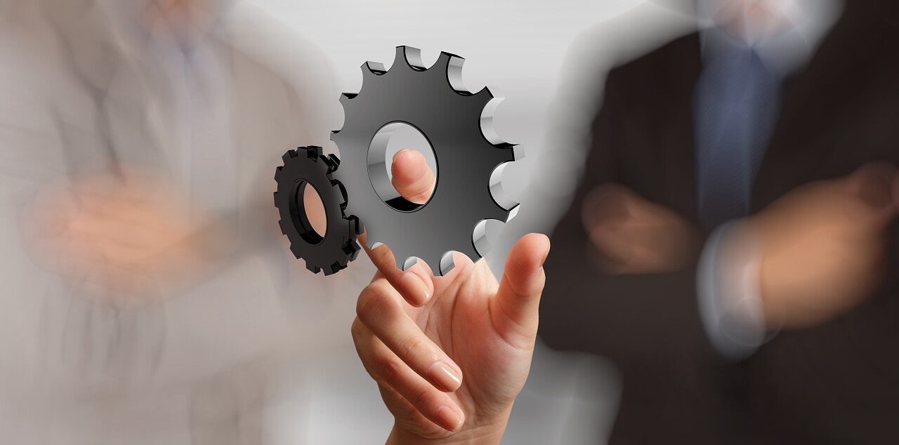 显示 3d 的商人手齿轮对成功的概念