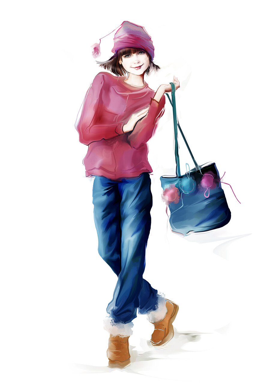 时尚的年轻女孩水彩