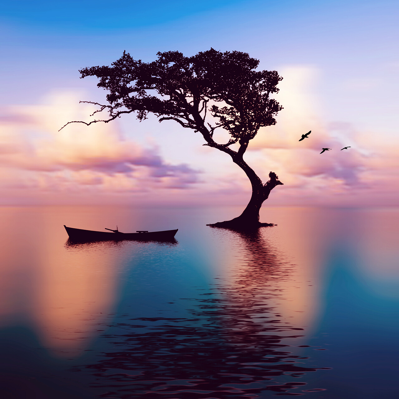 美丽的风景船和树与彩云