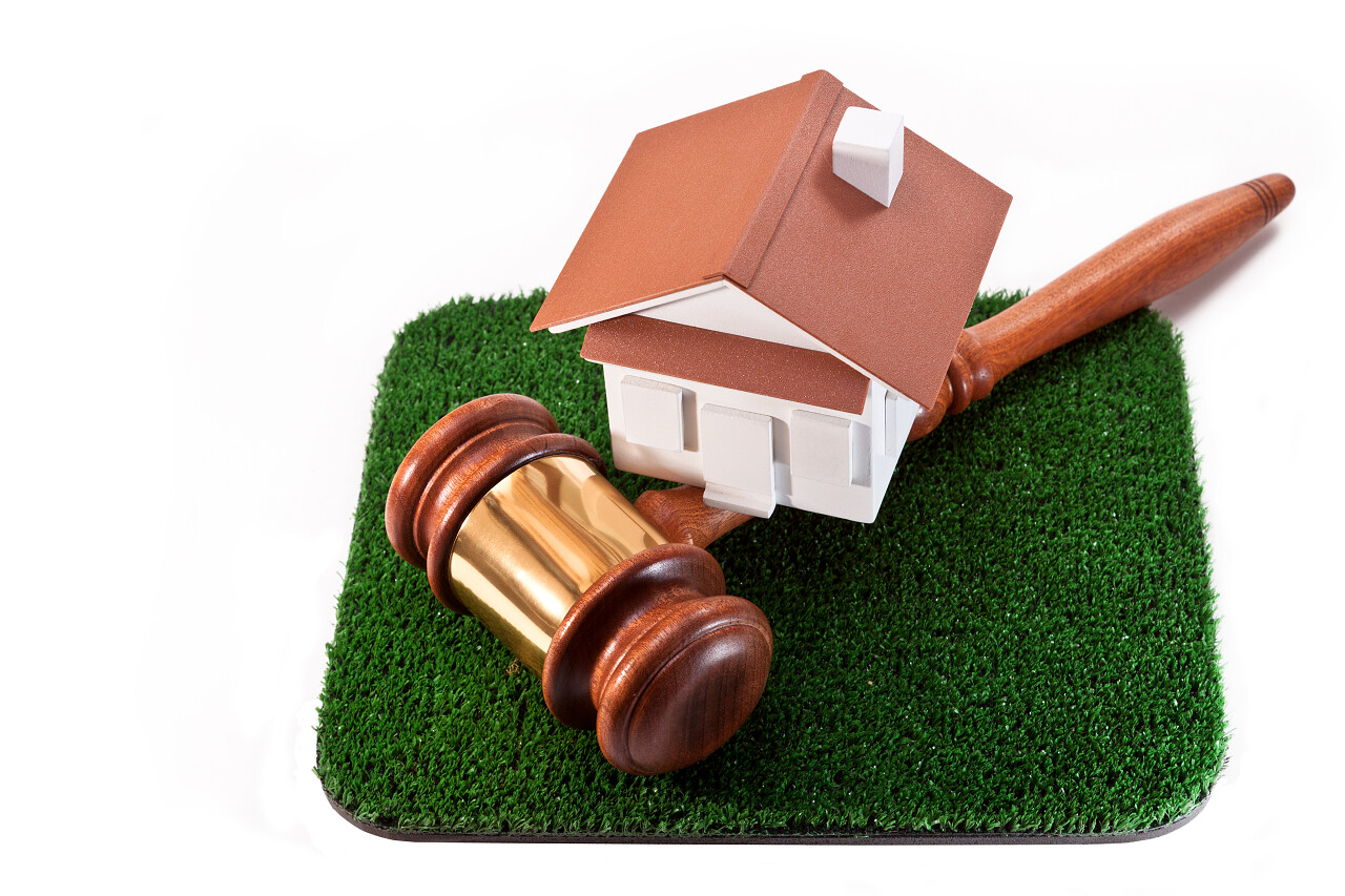 绿色合成草地上的模型房子和拍卖锤