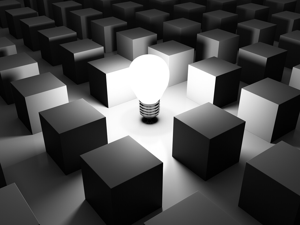 灯泡和盒子的3D图像思维