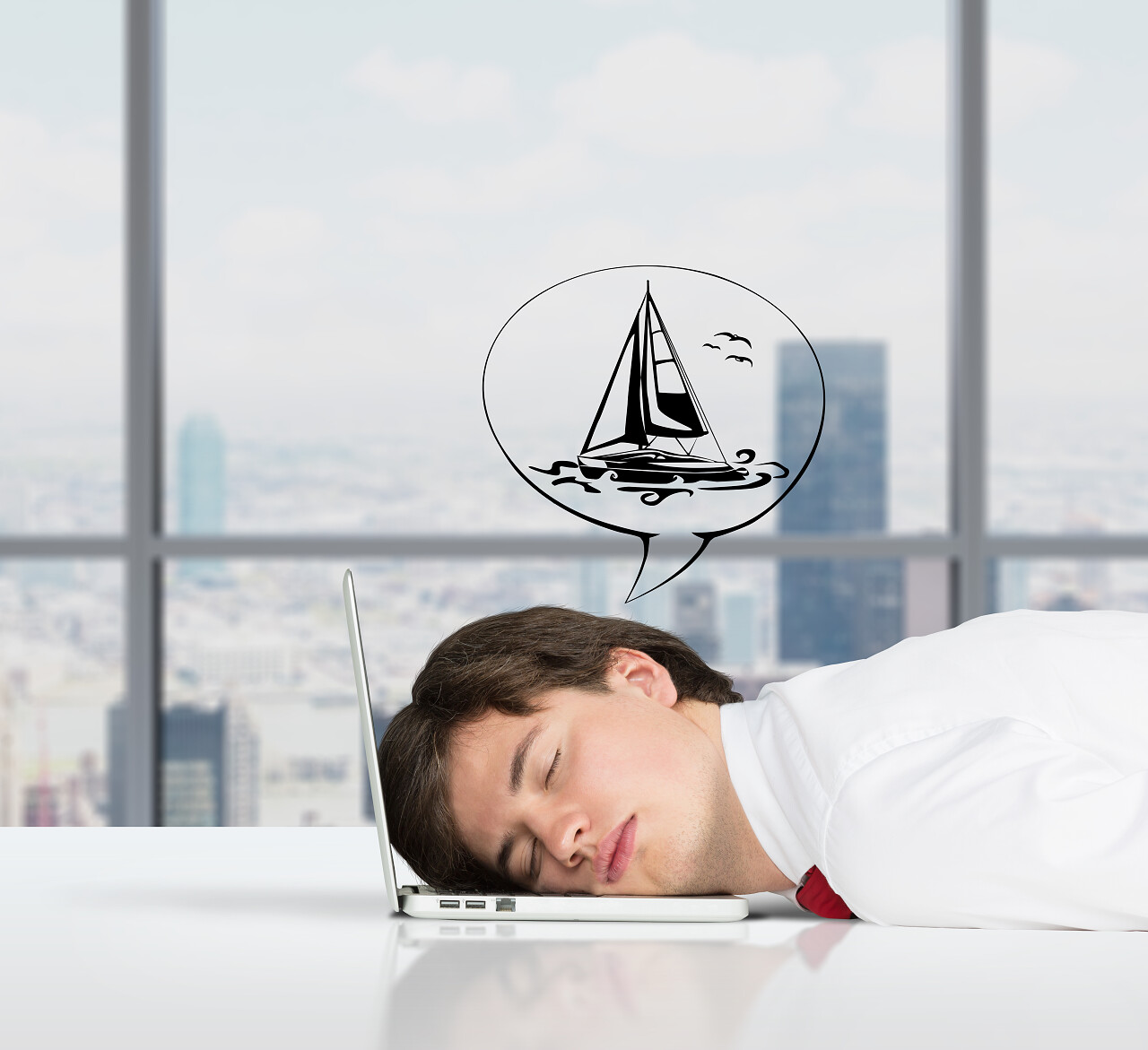 睡眠中的工作和梦想的旅行的商人