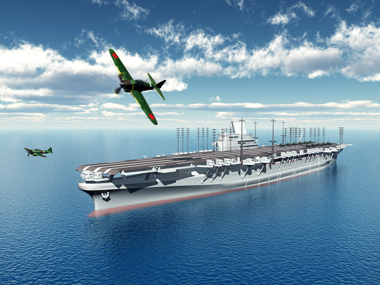 日本的航空母舰和两个日本战斗机轰炸机从第二次世界大战美好未来