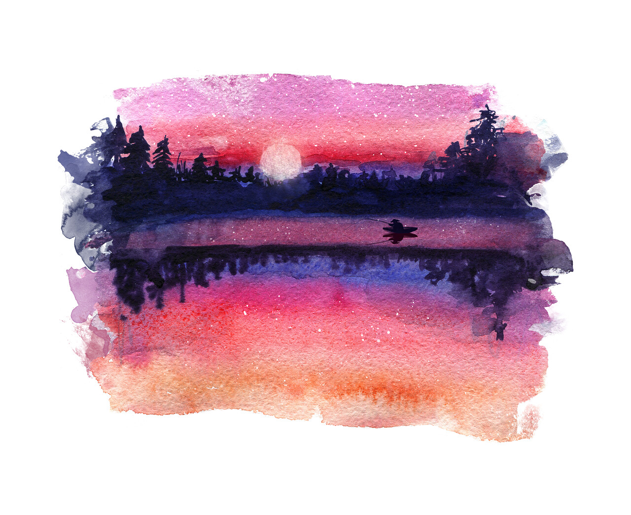 日落的水彩插图水中倒影的满天星斗的天空