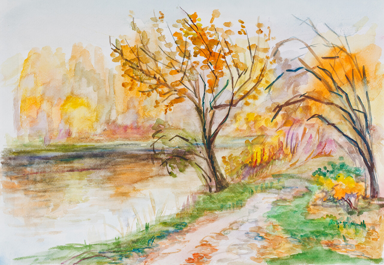 水彩秋天的河边
