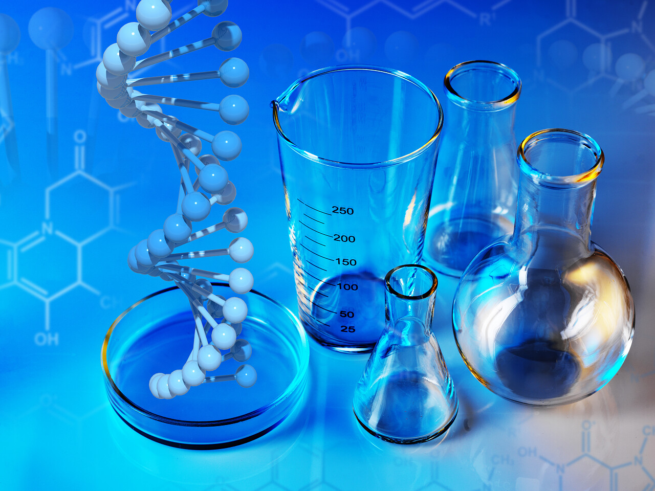 蓝色背景的科学实验室玻璃器皿