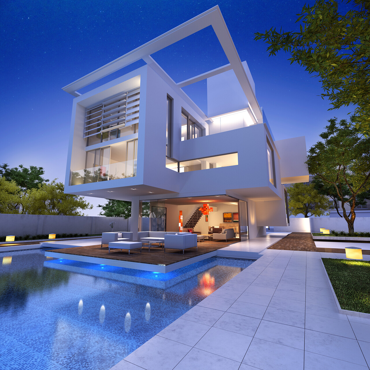 别墅户外场景图渲染房地产别墅洋房户外泳池