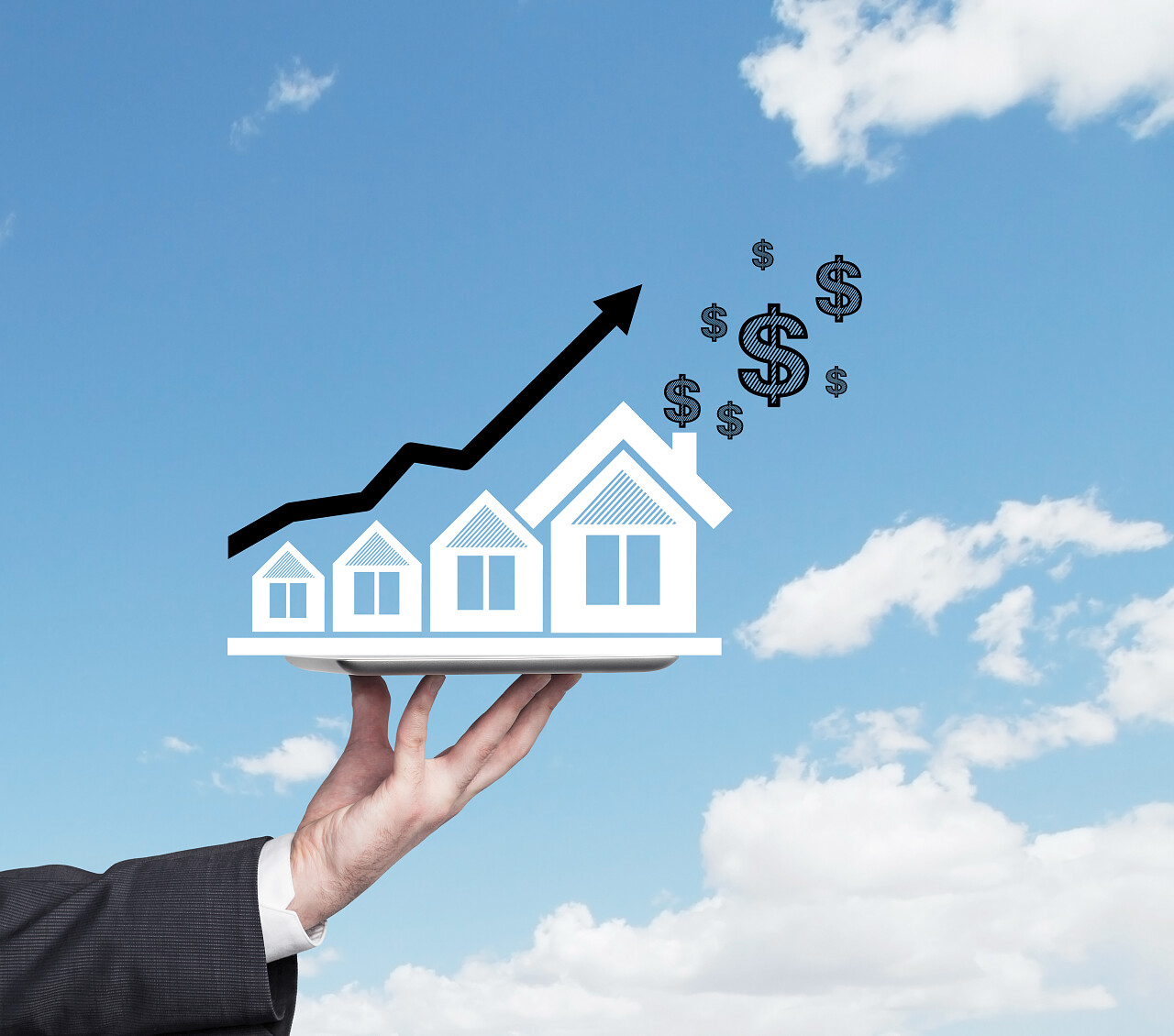 地产房屋渲染图提升箭头提升提高上涨房地产投资