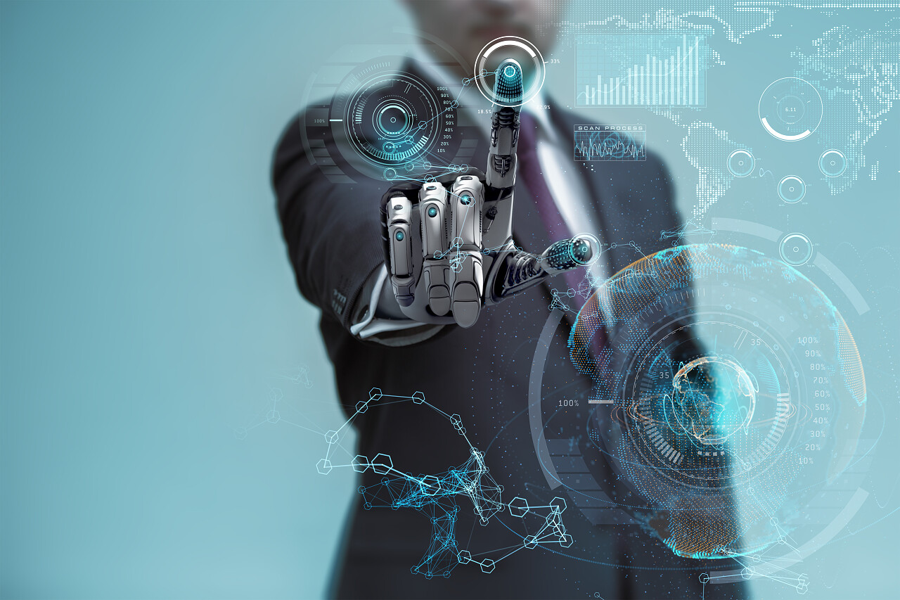 商人与人工机器人手工作虚拟全息界面